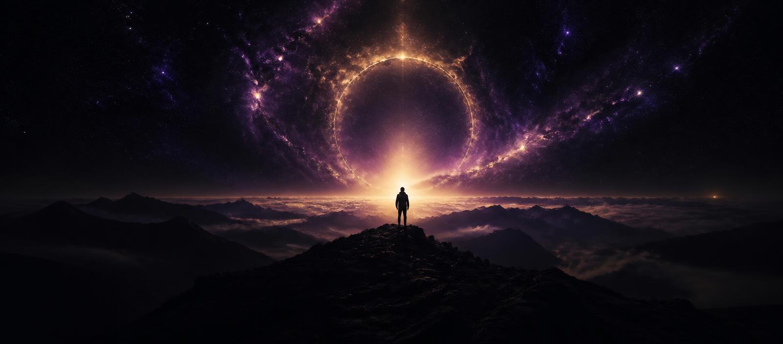 Sunrise over mountains beneath a cosmic ring