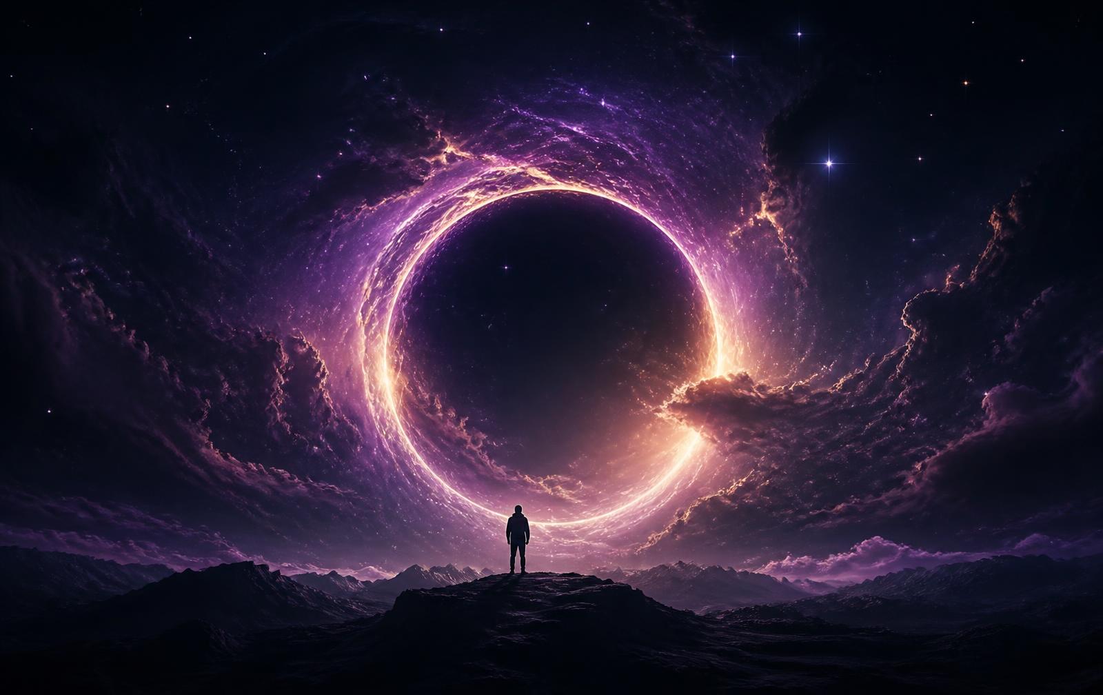 A person standing before a glowing cosmic ring